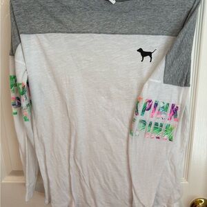 Girls' Long Sleeve Colorblock Tee with Tropical Print - White & Gray